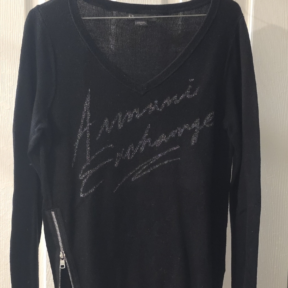 Armani Exchange Black V-Neck Sweater with Logo and Zipper